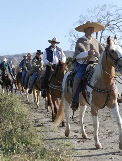 MARINE CORPS BASE CAMP PENDLETON, Calif.-Horseback riders with the De Anza Trail Caballeros depart from Rancho Las Flores to begin their six-day trail ride, April 14. The 74th Annual De Anza Trail Caballeros Ride allows riders to disconnect from their daily routine and reconnect with the solitude of the outdoors, while experiencing 200 miles of historical trails. USMC photo by Lance Cpl. Derrick K. Irions