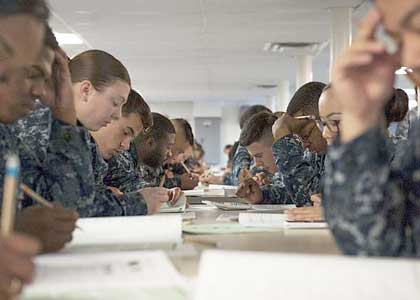SAN DIEGO (March 9, 2017) Sailors assigned to amphibious assault ship USS Boxer (LHD 4) take the Navy-wide E-5 advancement exam. Boxer is at its homeport undergoing a phased maintenance availability. U.S. Navy photo by MCSN Alexander C. Kubitza