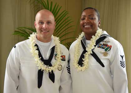 HONOLULU (March 23, 2018) - Culinary Specialist 1st Class Latoya S. Farrish, U.S. Pacific Fleet (PACFLT) Sea Sailor of Year (SOY) and Construction Mechanic 1st Class Cole K. Tankersley, PACFLT Shore SOY following a ceremony held at the Hale Koa Hotel in Honolulu. SOY finalists participated in a variety of personal and professional evaluations as well as leadership, naval heritage and team-building events throughout the week around historic Pearl Harbor. U.S. Navy photo by MC1 Phillip Pavlovich