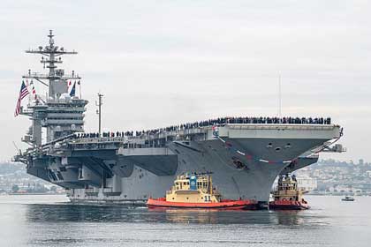 SAN DIEGO (Jan. 20, 2020) The Nimitz-class aircraft carrier USS Abraham Lincoln (CVN 72) transits San Diego Bay. Lincoln arrives at Naval Air Station North Island after a 10-month deployment in support of maritime security operations and theater security cooperation efforts in the U.S. 6th, 5th, and 7th Fleet areas of operations. U.S. Navy photo by MC2 Danielle A. Baker