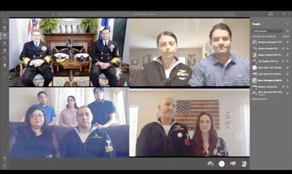 WASHINGTON (May 2, 2020) As shown through a screen capture of a Facebook Live broadcast, Chief of Navy Reserve Vice Adm. Luke McCollum and Reserve Force Master Chief Chris Kotz, top left, conduct the 2019 Reserve Sailor of the Year (RSOY) announcement ceremony using the Department of Defense Commercial Virtual Remote (CVR) for Teleworking program. Hosted from the Navy Yard in Washington, McCollum and Kotz were joined virtually by the five RSOY finalists and family members. The CVR platform provided a unique opportunity to accomplish the RSOY two-day selection board process and ceremony during the COVID-19 national emergency. U.S. Navy graphic by MCCS Stephen Hickok