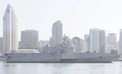 SAN DIEGO (May 24, 2020) " The Navy's newest littoral combat ship, the future USS Kansas City (LCS 22), arrives at its new homeport at Naval Base San Diego. The Navy will commission LCS 22, the second ship in naval history to be named Kansas City, June 20, 2020, via naval message due to public health safety and restrictions of large public events related to the novel coronavirus (COVID-19) pandemic. U.S. Navy photo by MC1 Woody Paschall. 