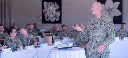 Vice Adm. Scott Gray, commander, Navy Installations Command (CNIC), delivers opening remarks during the 2026 Commander’s Training Symposium at Naval Air Station North Island, May 19. The three-day event brought together Regional Commanders, Installation Commanding Officers, and Command Master Chiefs from across the globe to focus on revitalizing the shore, supporting the Fleet and improving quality of service for Sailors.U.S. Navy photo by Chief Mass Communication Specialist Janweb B. Lagazo